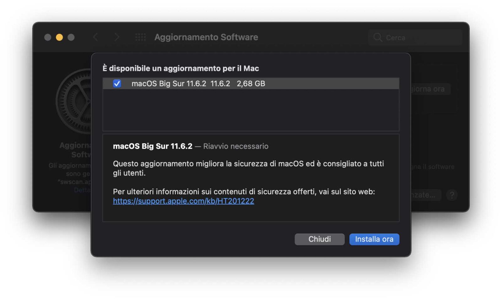 Aggiornamenti di sicurezza per macOS Big Sur e macOS Catalina